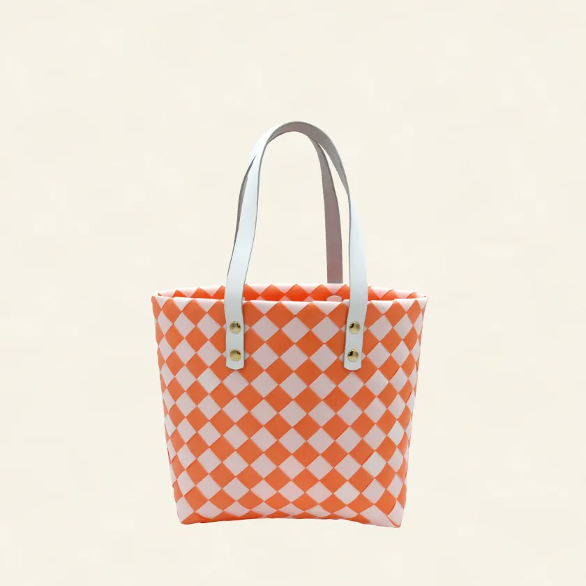 Prototype I | Deep Orange × Pure White | Checkered Lattice | Genuine Leather Handle | Front-001 | PP Band Craft | Alaudae Japan
