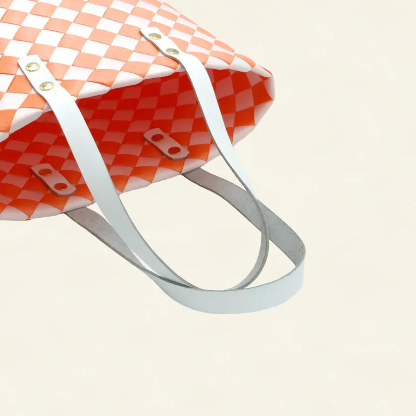 Prototype I | Deep Orange × Pure White | Checkered Lattice | Genuine Leather Handle | Bottom-005 | PP Band Craft | Alaudae Japan