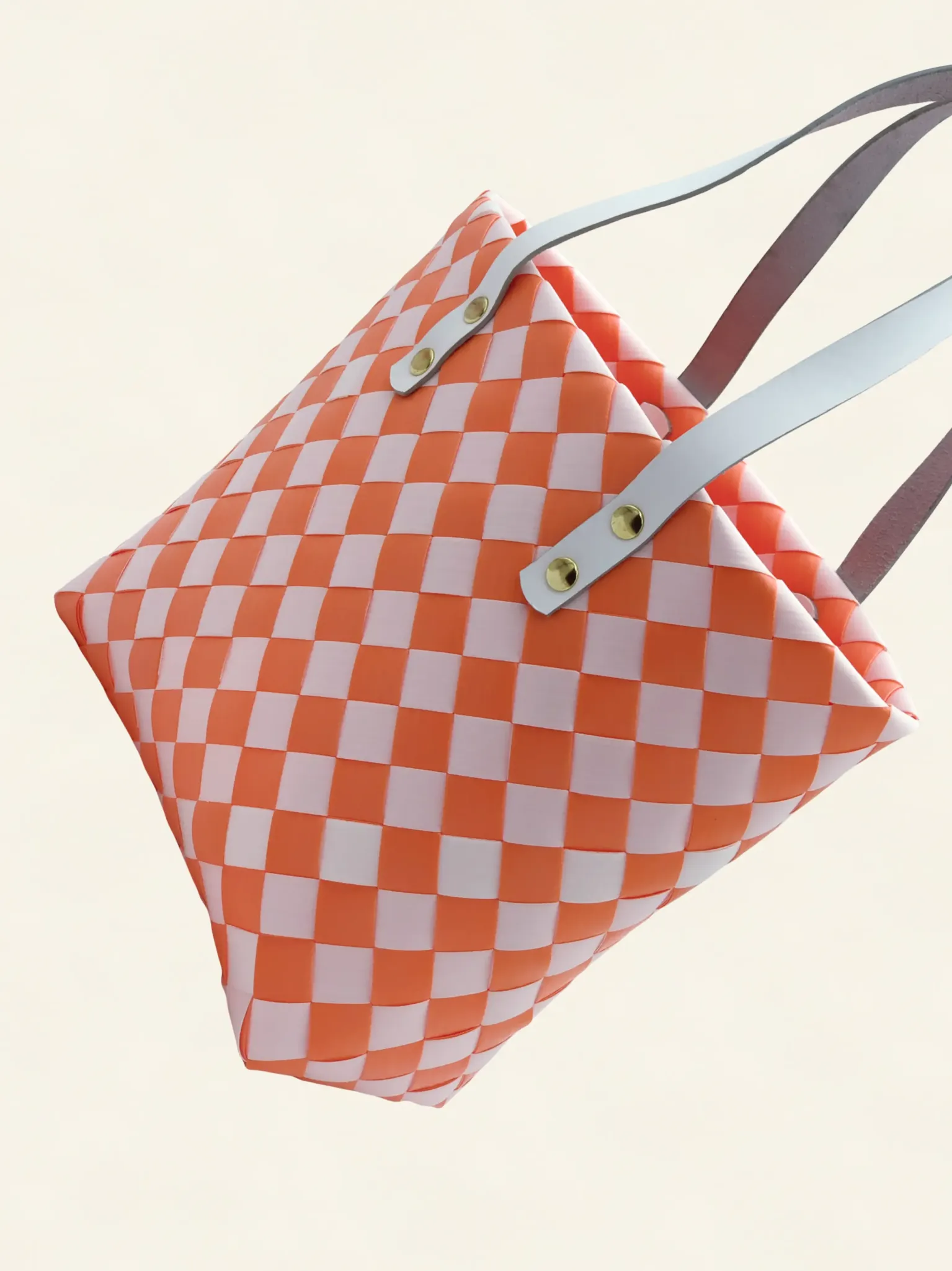 Prototype I | Deep Orange × Pure White | Checkered Lattice | Genuine Leather Handle | Angle-004 | PP Band Craft | Alaudae Japan