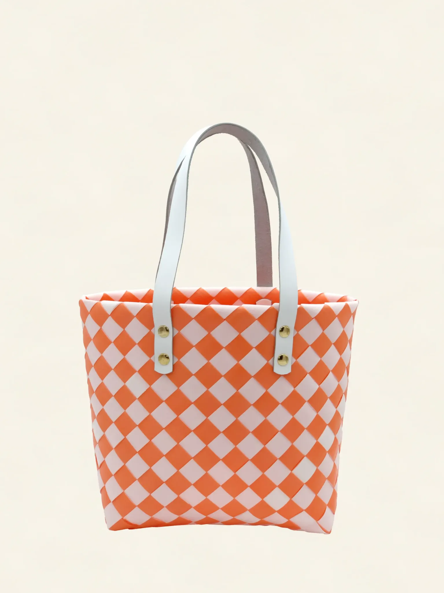 Prototype I | Deep Orange × Pure White | Checkered Lattice | Genuine Leather Handle | Front-001 | PP Band Craft | Alaudae Japan